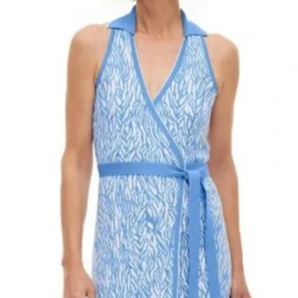 DVF Target Women's Collared Sleeveless Sea Twig Blue Midi Wrap Dress